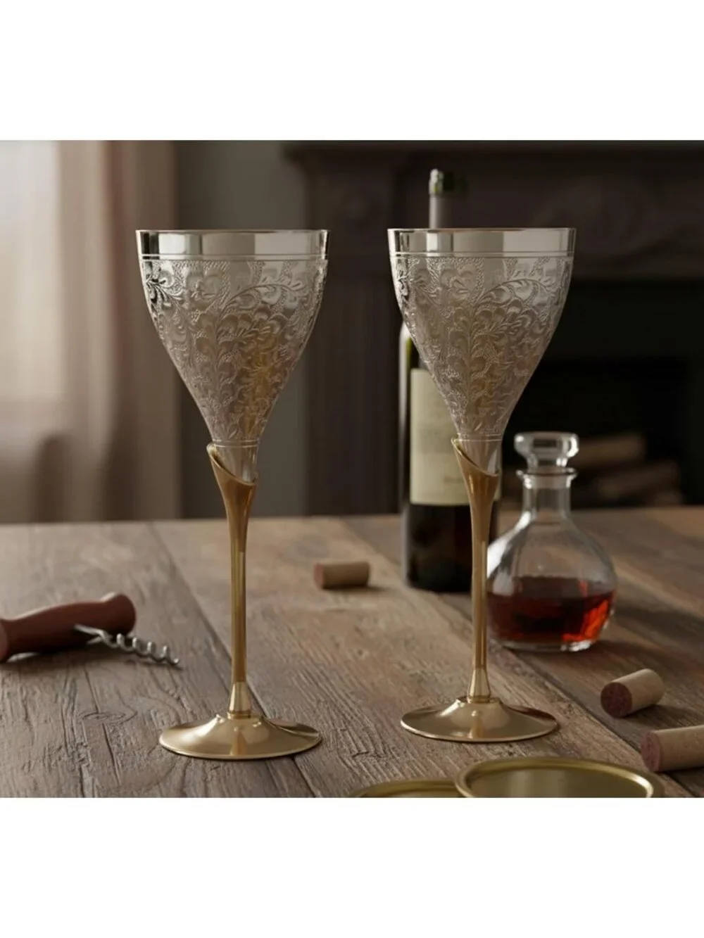 Engraved Brass Champagne Goblet Set - Elegant Silver Polished Wine Glasses